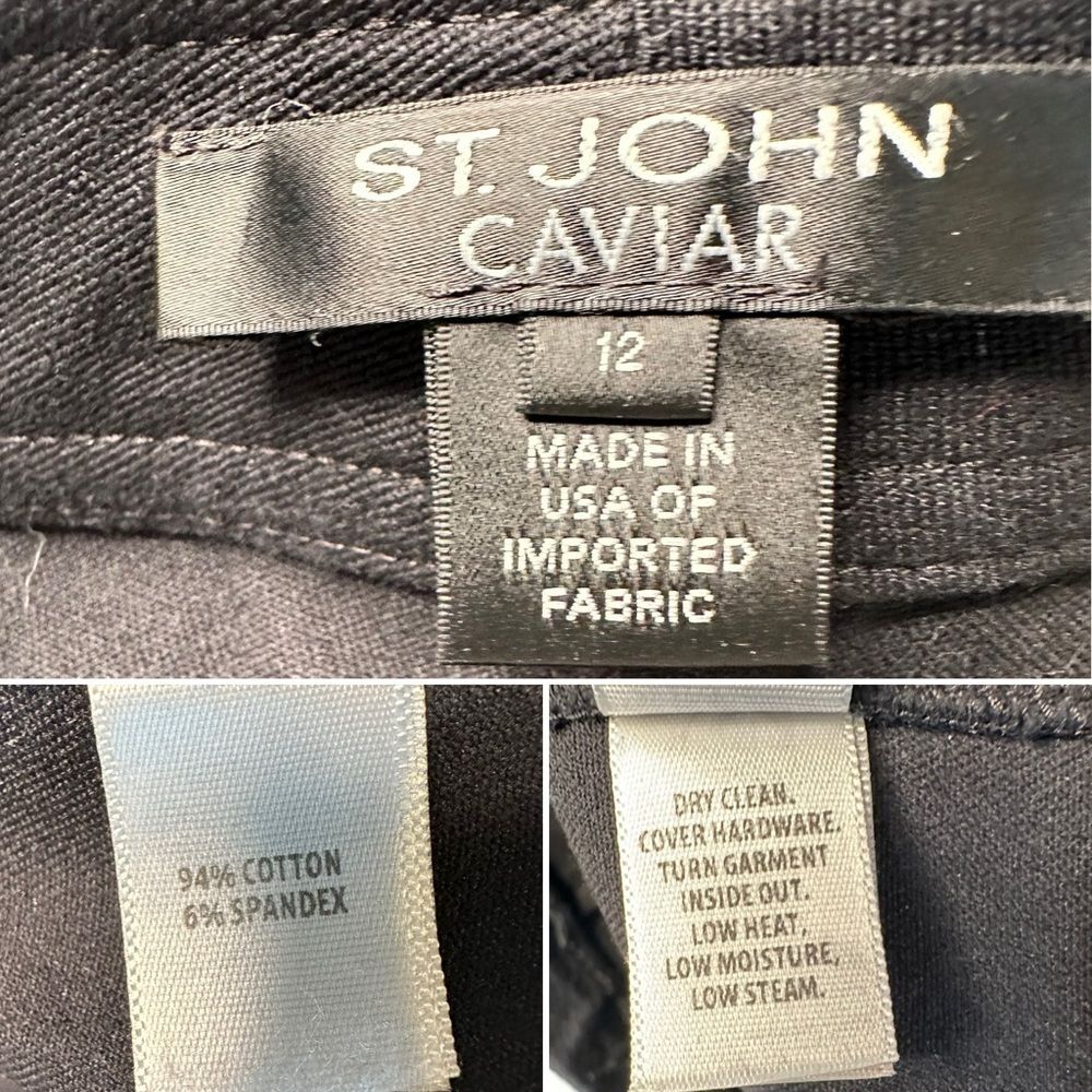 St. John Caviar Black Straight-Leg Pants Stretch Cotton Gold Hardware Size 12 - Picture 5 of 11
